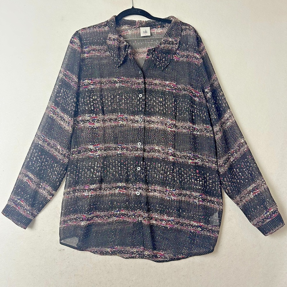 Cabi 3249 Sheer Abstract Stripe Button Down Blouse Womens Large Black Multi L